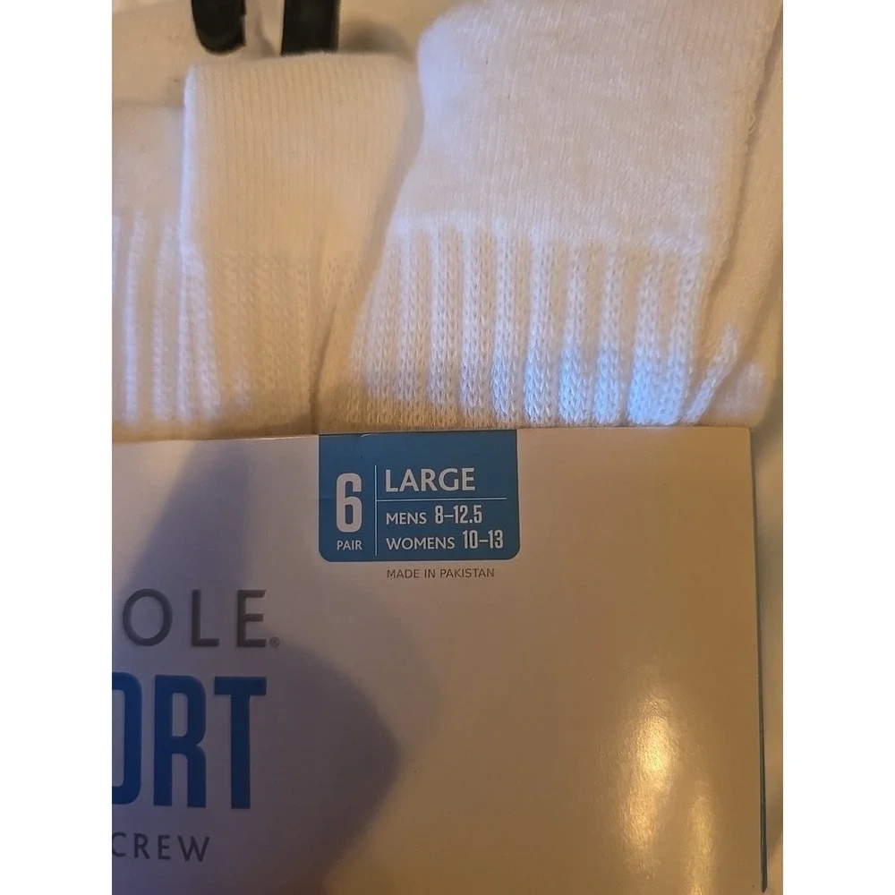 Sof Sole Cushioned Crew Socks Men's 8.5 12.5 Women's 11 13‎ Large White 6 Pair
